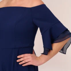 Adrianna Papell Plus Size Off The Shoulder Crepe Jumpsuit With Organza Sleeves In Navy Sateen 8 Adrianna Papell Plus Size Off The Shoulder Crepe Jumpsuit With Organza Sleeves In Navy Sateen -Glam Mirth Sales AP1E209617 AK412 Plus Lifestyle