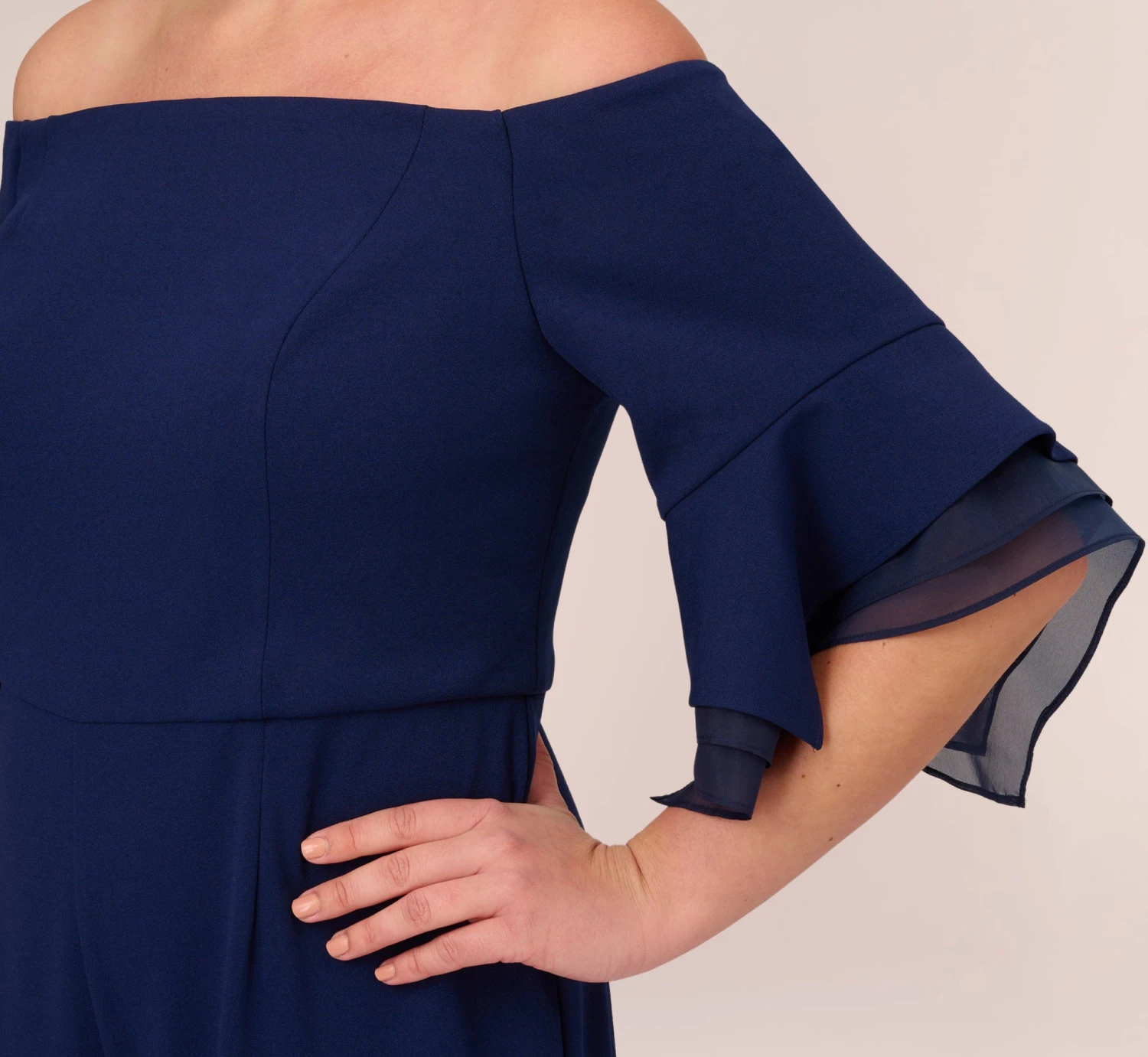 Adrianna Papell Plus Size Off The Shoulder Crepe Jumpsuit With Organza Sleeves In Navy Sateen 3 Adrianna Papell Plus Size Off The Shoulder Crepe Jumpsuit With Organza Sleeves In Navy Sateen - Image 3