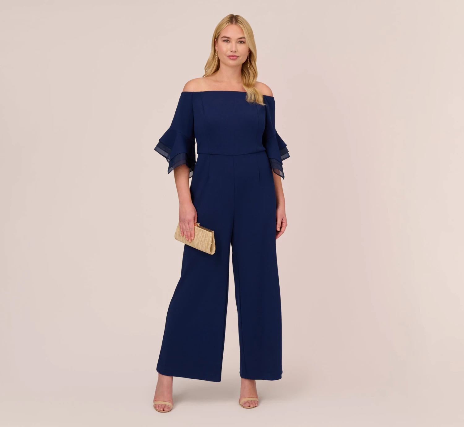 Adrianna Papell Plus Size Off The Shoulder Crepe Jumpsuit With Organza Sleeves In Navy Sateen 2 Adrianna Papell Plus Size Off The Shoulder Crepe Jumpsuit With Organza Sleeves In Navy Sateen - Image 2