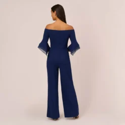 Adrianna Papell Off The Shoulder Crepe Jumpsuit With Organza Sleeves In Navy Sateen -Glam Mirth Sales AP1E209617 AK412 Regular Back