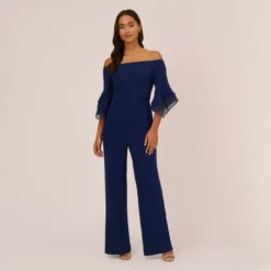 Adrianna Papell Off The Shoulder Crepe Jumpsuit With Organza Sleeves In Navy Sateen