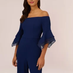 Adrianna Papell Off The Shoulder Crepe Jumpsuit With Organza Sleeves In Navy Sateen -Glam Mirth Sales AP1E209617 AK412 Regular Detail