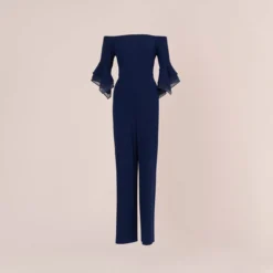 Adrianna Papell Off The Shoulder Crepe Jumpsuit With Organza Sleeves In Navy Sateen -Glam Mirth Sales AP1E209617 AK412 Regular Flat
