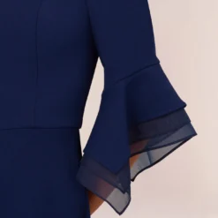 Adrianna Papell Off The Shoulder Crepe Jumpsuit With Organza Sleeves In Navy Sateen -Glam Mirth Sales AP1E209617 AK412 Regular Lifestyle