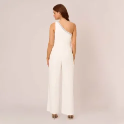 Adrianna Papell Beaded One-Shoulder Matte Jersey Jumpsuit In Ivory -Glam Mirth Sales AP1E209618 AA194 Regular Back