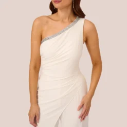 Adrianna Papell Beaded One-Shoulder Matte Jersey Jumpsuit In Ivory -Glam Mirth Sales AP1E209618 AA194 Regular Detail