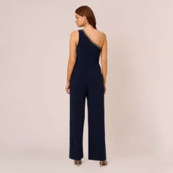 Adrianna Papell Beaded One-Shoulder Matte Jersey Jumpsuit In Midnight -Glam Mirth Sales AP1E209618 AB411 Regular Back