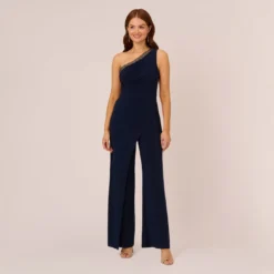 Adrianna Papell Beaded One-Shoulder Matte Jersey Jumpsuit In Midnight
