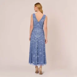 Adrianna Papell Hand-Beaded Ankle-Length Dress In French Blue -Glam Mirth Sales AP1E209645 AA544 Regular Back