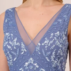Adrianna Papell Hand-Beaded Ankle-Length Dress In French Blue -Glam Mirth Sales AP1E209645 AA544 Regular Detail