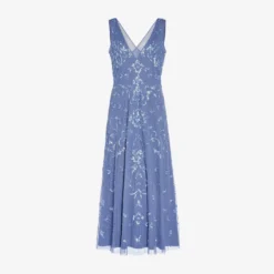 Adrianna Papell Hand-Beaded Ankle-Length Dress In French Blue -Glam Mirth Sales AP1E209645 AA544 Regular Flat