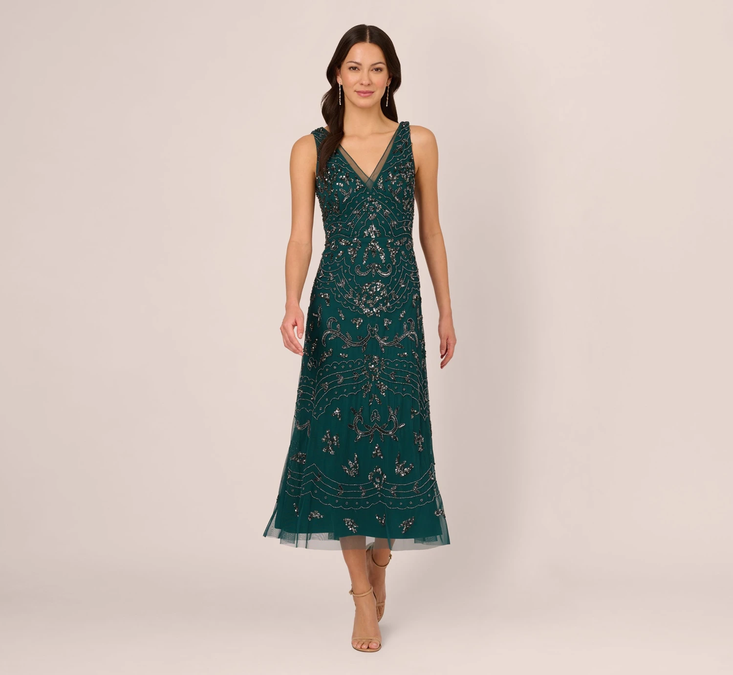 Adrianna Papell Hand-Beaded Ankle-Length Dress In Gem Green 1 Adrianna Papell Hand-Beaded Ankle-Length Dress In Gem Green