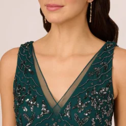 Adrianna Papell Hand-Beaded Ankle-Length Dress In Gem Green 8 Adrianna Papell Hand-Beaded Ankle-Length Dress In Gem Green -Glam Mirth Sales AP1E209645 AW303 Regular Detail