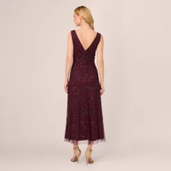 Adrianna Papell Hand-Beaded Ankle-Length Dress In Night Plum -Glam Mirth Sales AP1E209645 BK940 Regular Back