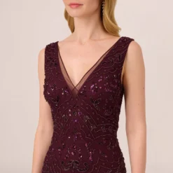 Adrianna Papell Hand-Beaded Ankle-Length Dress In Night Plum -Glam Mirth Sales AP1E209645 BK940 Regular Detail