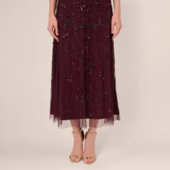 Adrianna Papell Hand-Beaded Ankle-Length Dress In Night Plum -Glam Mirth Sales AP1E209645 BK940 Regular Lifestyle