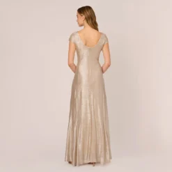 Adrianna Papell Metallic Foil Knit Draped Long Gown In Alabaster -Glam Mirth Sales AP1E209681 AB268 Regular Back