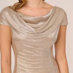Adrianna Papell Metallic Foil Knit Draped Long Gown In Alabaster -Glam Mirth Sales AP1E209681 AB268 Regular Detail