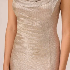 Adrianna Papell Metallic Foil Knit Draped Long Gown In Alabaster -Glam Mirth Sales AP1E209681 AB268 Regular Lifestyle