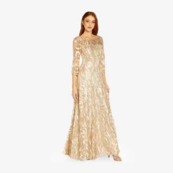 Adrianna Papell Embroidered And Hand-Sequined Illusion A-Line Long Gown In Champagne Gold 6 Adrianna Papell Embroidered And Hand-Sequined Illusion A-Line Long Gown In Champagne Gold -Glam Mirth Sales AP1E209738 AQ298 Regular Alternate