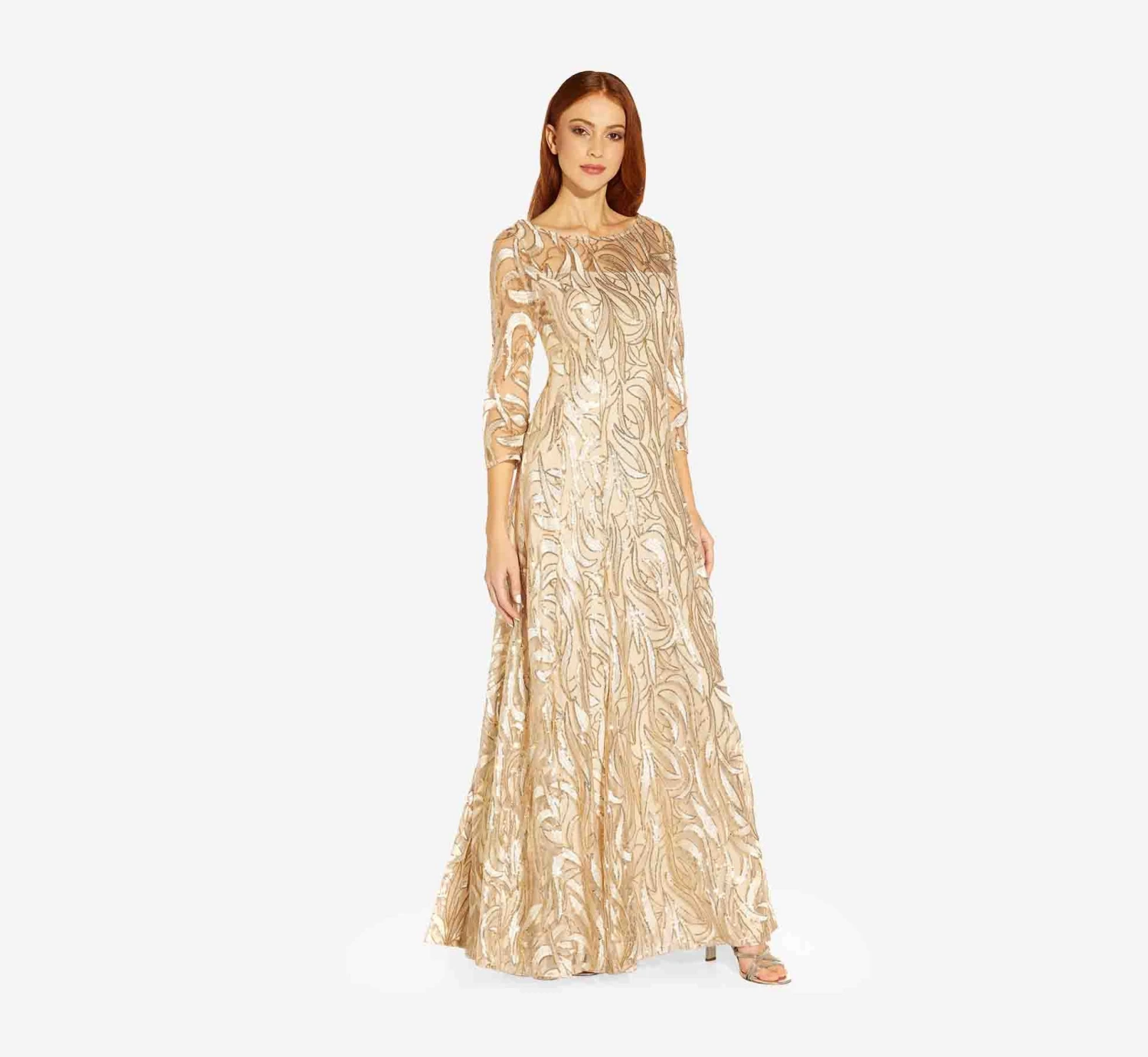 Adrianna Papell Embroidered And Hand-Sequined Illusion A-Line Long Gown In Champagne Gold 3 Adrianna Papell Embroidered And Hand-Sequined Illusion A-Line Long Gown In Champagne Gold - Image 3