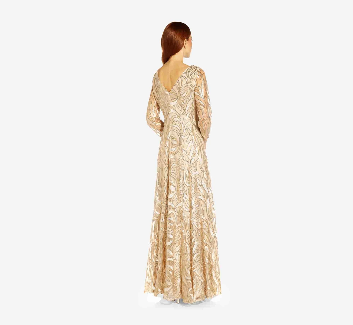 Adrianna Papell Embroidered And Hand-Sequined Illusion A-Line Long Gown In Champagne Gold 2 Adrianna Papell Embroidered And Hand-Sequined Illusion A-Line Long Gown In Champagne Gold - Image 2