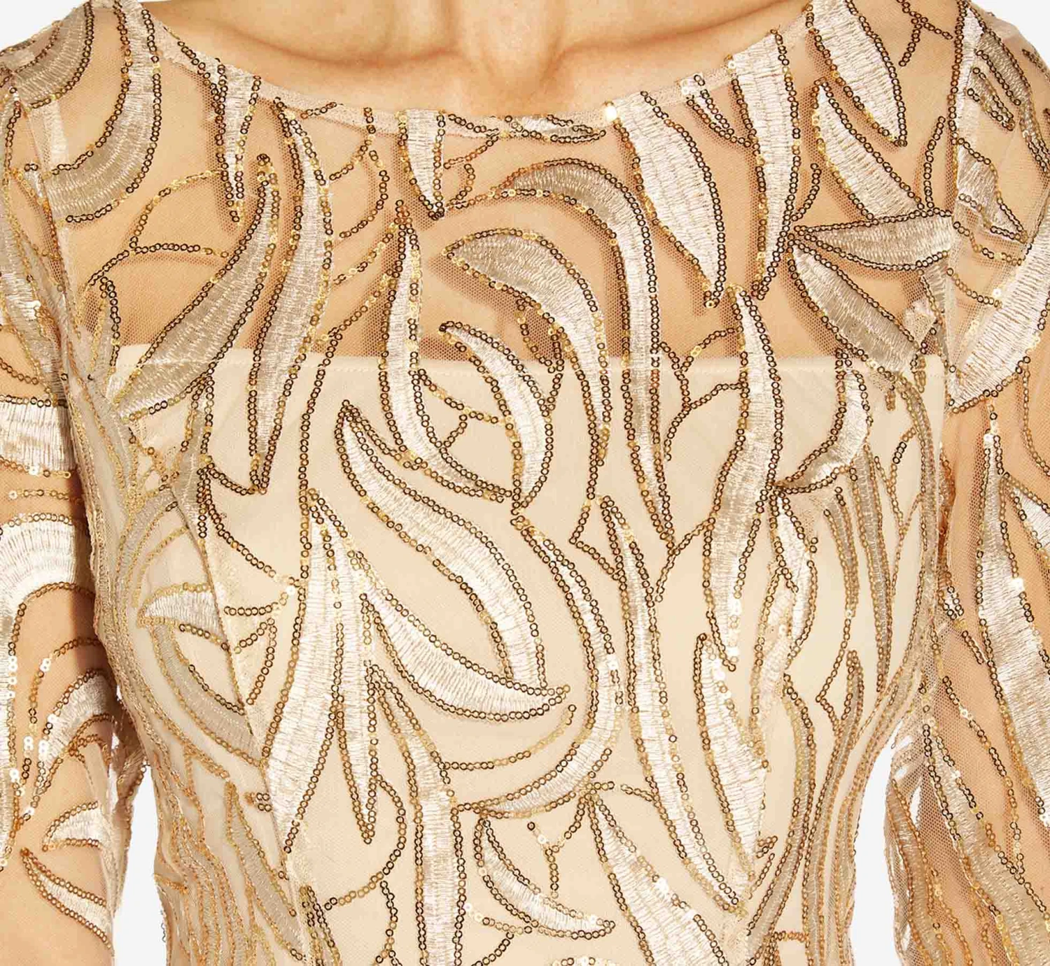 Adrianna Papell Embroidered And Hand-Sequined Illusion A-Line Long Gown In Champagne Gold 4 Adrianna Papell Embroidered And Hand-Sequined Illusion A-Line Long Gown In Champagne Gold - Image 4