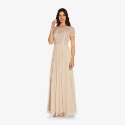 Adrianna Papell Floral 3D Hand-Beaded And Lace Illusion Long Gown In Biscotti -Glam Mirth Sales AP1E209769 AG273 Regular Alternate