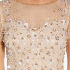 Adrianna Papell Floral 3D Hand-Beaded And Lace Illusion Long Gown In Biscotti -Glam Mirth Sales AP1E209769 AG273 Regular Detail