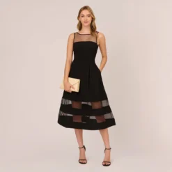 Adrianna Papell Crepe And Mesh Illusion Midi-Length Fit-And-Flare Cocktail Dress In Black