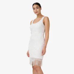Adrianna Papell Hand-Beaded And Fringed Short Sheath Cocktail Dress In Ivory