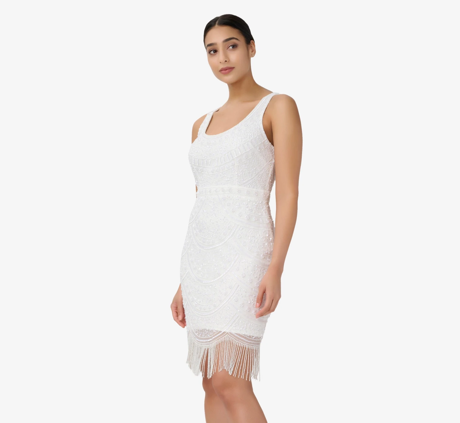 Adrianna Papell Hand-Beaded And Fringed Short Sheath Cocktail Dress In Ivory 1 Adrianna Papell Hand-Beaded And Fringed Short Sheath Cocktail Dress In Ivory