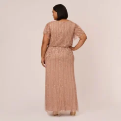 Adrianna Papell Plus Size Fleur Beaded Blouson Gown With Sheer Short Sleeves In Rose Gold -Glam Mirth Sales AP1E209812 AA958 Plus Back