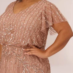 Adrianna Papell Plus Size Fleur Beaded Blouson Gown With Sheer Short Sleeves In Rose Gold -Glam Mirth Sales AP1E209812 AA958 Plus Detail