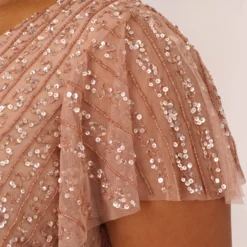 Adrianna Papell Plus Size Fleur Beaded Blouson Gown With Sheer Short Sleeves In Rose Gold -Glam Mirth Sales AP1E209812 AA958 Plus Lifestyle