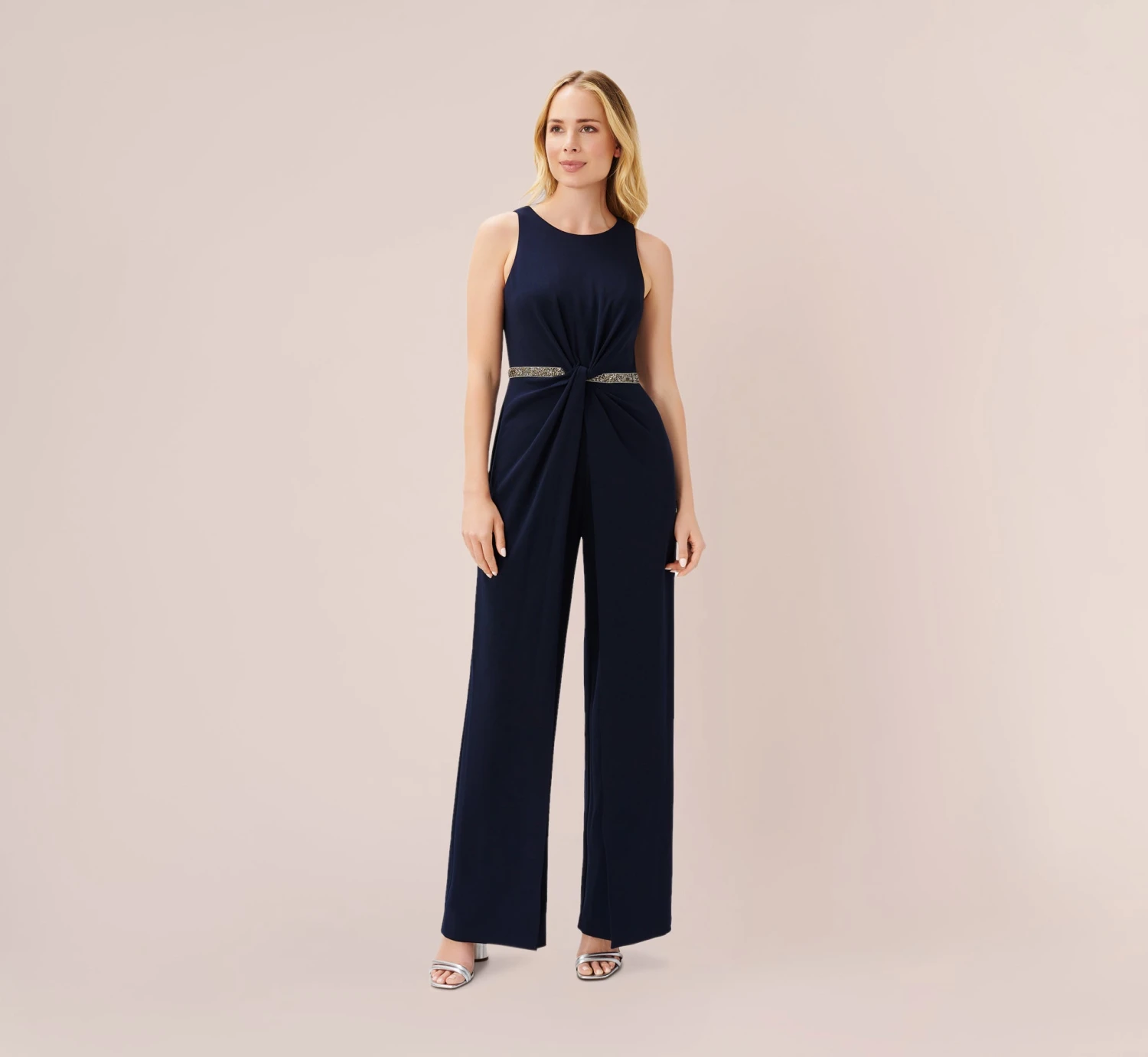 Adrianna Papell Crystal-Trimmed Crepe Jumpsuit In Midnight 1 Adrianna Papell Crystal-Trimmed Crepe Jumpsuit In Midnight