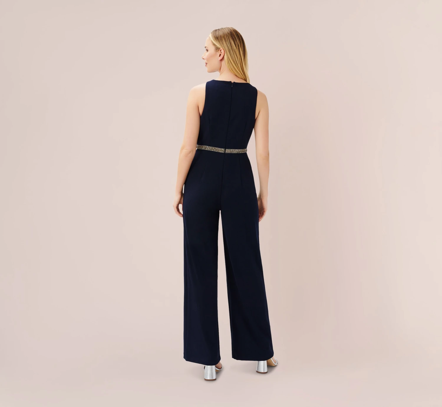 Adrianna Papell Crystal-Trimmed Crepe Jumpsuit In Midnight 2 Adrianna Papell Crystal-Trimmed Crepe Jumpsuit In Midnight - Image 2