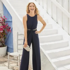 Adrianna Papell Crystal-Trimmed Crepe Jumpsuit In Midnight 9 Adrianna Papell Crystal-Trimmed Crepe Jumpsuit In Midnight -Glam Mirth Sales AP1E209830 AB411 Regular Default