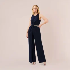 Adrianna Papell Crystal-Trimmed Crepe Jumpsuit In Midnight 7 Adrianna Papell Crystal-Trimmed Crepe Jumpsuit In Midnight -Glam Mirth Sales AP1E209830 AB411 Regular Side