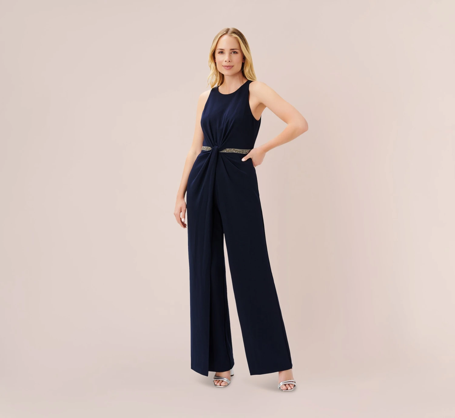 Adrianna Papell Crystal-Trimmed Crepe Jumpsuit In Midnight 3 Adrianna Papell Crystal-Trimmed Crepe Jumpsuit In Midnight - Image 3