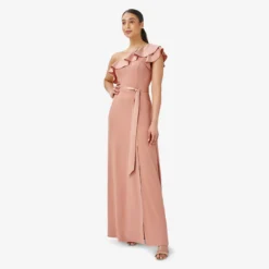 Adrianna Papell Satin Crepe One-Shoulder Ruffled Long Gown In Toffee 7 Adrianna Papell Satin Crepe One-Shoulder Ruffled Long Gown In Toffee -Glam Mirth Sales AP1E209831 AE240 Regular Alternate
