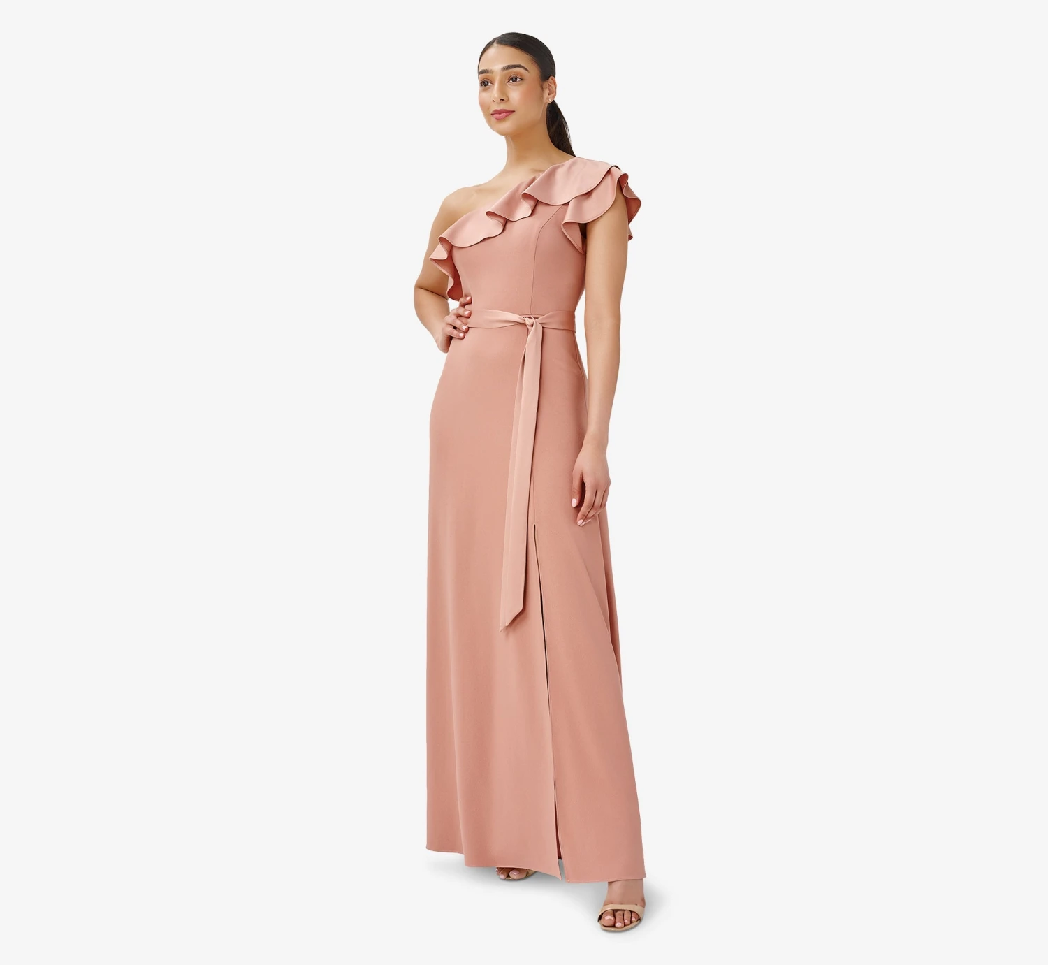 Adrianna Papell Satin Crepe One-Shoulder Ruffled Long Gown In Toffee 3 Adrianna Papell Satin Crepe One-Shoulder Ruffled Long Gown In Toffee - Image 3