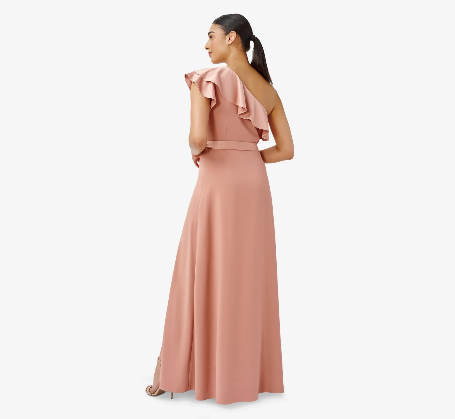 Adrianna Papell Satin Crepe One-Shoulder Ruffled Long Gown In Toffee 2 Adrianna Papell Satin Crepe One-Shoulder Ruffled Long Gown In Toffee - Image 2