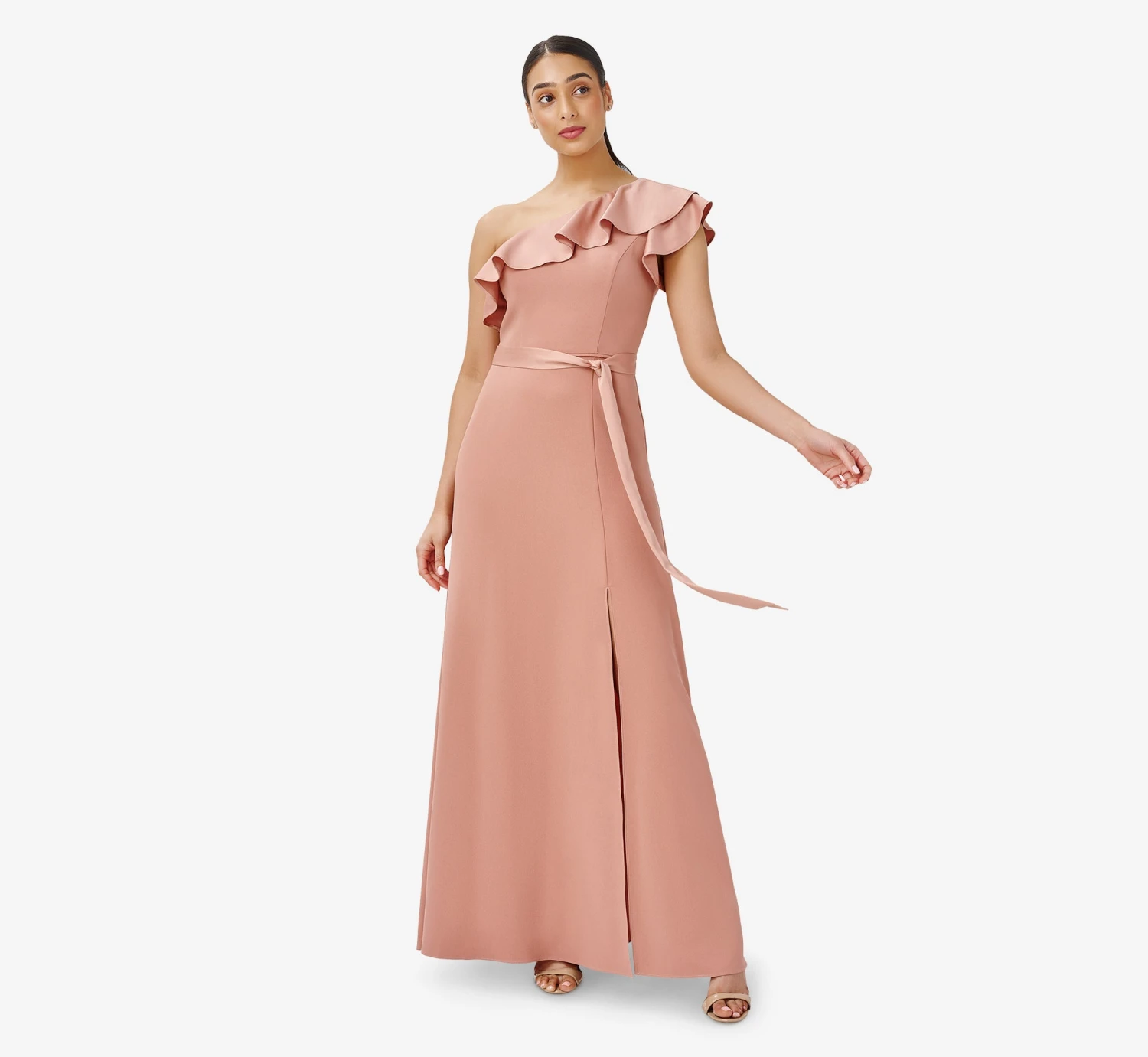 Adrianna Papell Satin Crepe One-Shoulder Ruffled Long Gown In Toffee 1 Adrianna Papell Satin Crepe One-Shoulder Ruffled Long Gown In Toffee