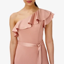 Adrianna Papell Satin Crepe One-Shoulder Ruffled Long Gown In Toffee 8 Adrianna Papell Satin Crepe One-Shoulder Ruffled Long Gown In Toffee -Glam Mirth Sales AP1E209831 AE240 Regular Detail