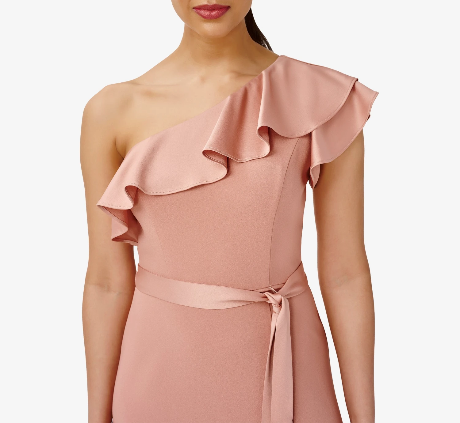 Adrianna Papell Satin Crepe One-Shoulder Ruffled Long Gown In Toffee 4 Adrianna Papell Satin Crepe One-Shoulder Ruffled Long Gown In Toffee - Image 4