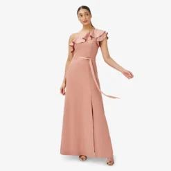 Adrianna Papell Satin Crepe One-Shoulder Ruffled Long Gown In Toffee 9 Adrianna Papell Satin Crepe One-Shoulder Ruffled Long Gown In Toffee -Glam Mirth Sales AP1E209831 AE240 Regular Side