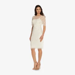 Adrianna Papell Handed-Beaded Illusion Midi-Length Sheath Cocktail Dress In Ivory 7 Adrianna Papell Handed-Beaded Illusion Midi-Length Sheath Cocktail Dress In Ivory -Glam Mirth Sales AP1E209848 AA194 Regular Alternate