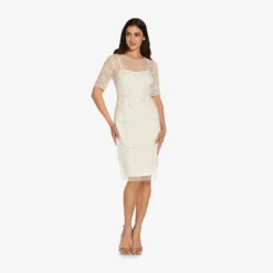 Adrianna Papell Handed-Beaded Illusion Midi-Length Sheath Cocktail Dress In Ivory 8 Adrianna Papell Handed-Beaded Illusion Midi-Length Sheath Cocktail Dress In Ivory -Glam Mirth Sales AP1E209848 AA194 Regular Side