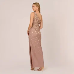 Adrianna Papell 3D Floral Hand-Beaded One-Shoulder Long Column Gown In Stone 10 Adrianna Papell 3D Floral Hand-Beaded One-Shoulder Long Column Gown In Stone -Glam Mirth Sales AP1E209866 AE549 Regular Back